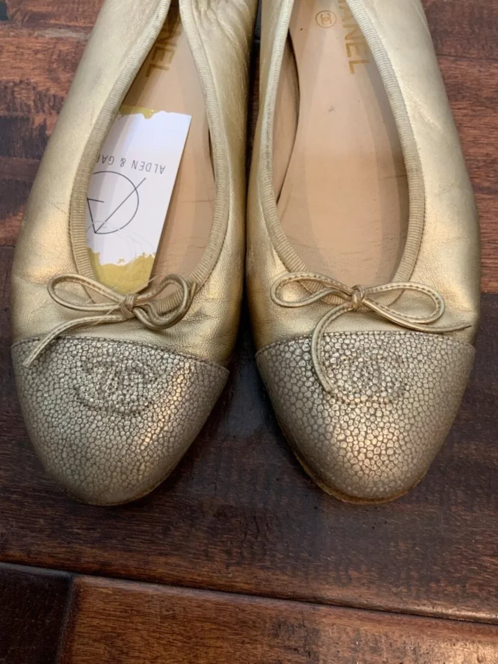 Chanel Gold Leather Bow Pebbled Toe Cap Ballet Flats, Size 11.5 | 42